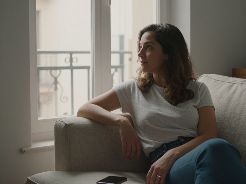 Una mujer de poco más de treinta años sentada en el sofá junto a la ventana de un piso español, con el móvil boca abajo a su lado, tranquila y sin prisa bajo la luz suave del día.