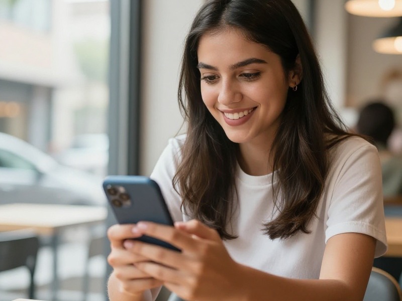 Una joven sonríe mientras revisa un chat de citas en Telegram desde su teléfono, sentada en una cafetería con luz cálida de tarde