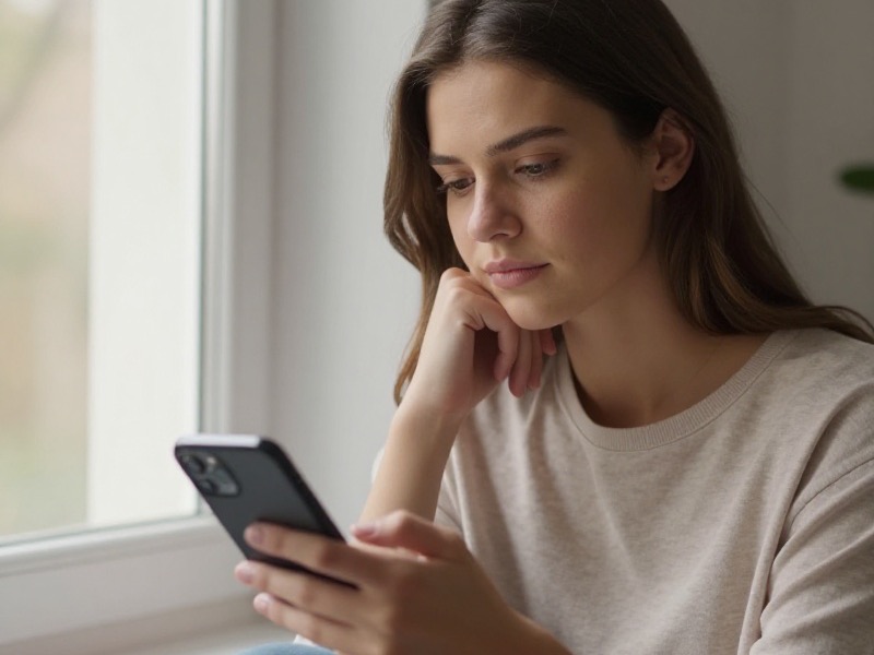 Mujer joven sentada junto a una ventana con luz cálida, mirando el teléfono con expresión pensativa mientras aparece un mensaje breve en la pantalla, ambiente cotidiano y sereno.