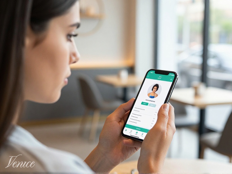 Primer plano de teléfono móvil con app de citas abierta, dedo sobre la pantalla revisando un perfil, fondo borroso de café moderno, luz natural