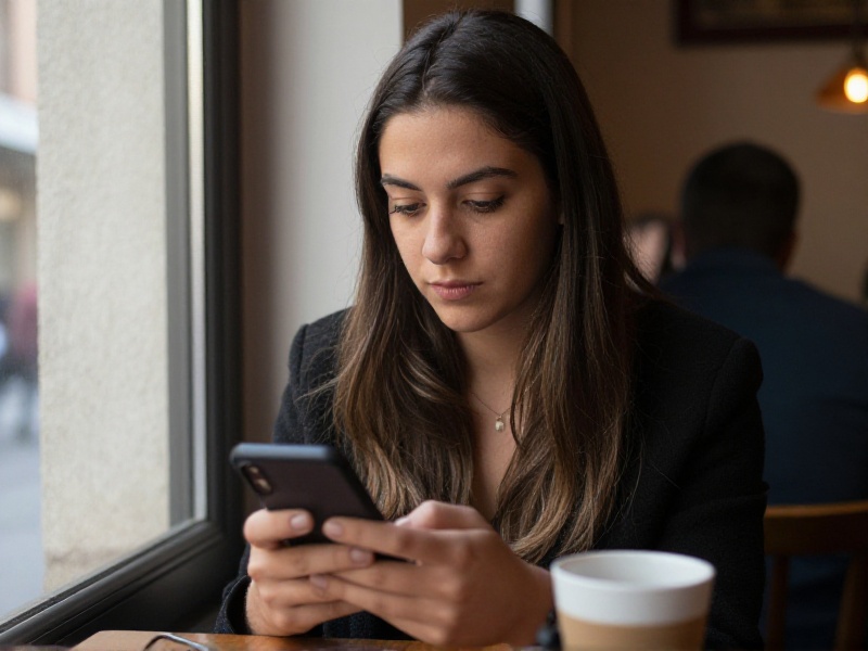 Mujer joven mirando su teléfono con calma junto a una ventana, taza de café en la mano, expresión reflexiva y serena, luz cálida