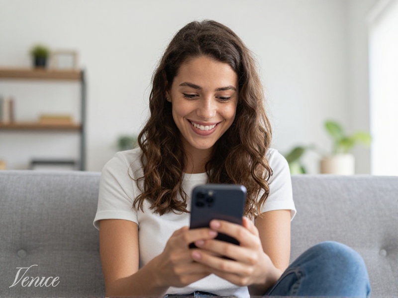 Persona creando con cuidado su perfil de citas en el teléfono, sentada junto a una ventana con luz natural, ambiente tranquilo y positivo