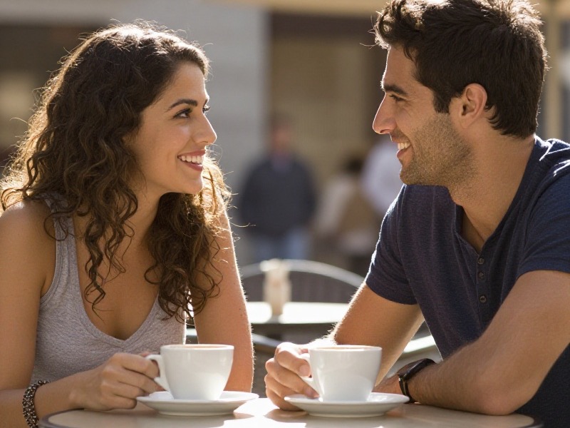 Una pareja de treinta y pocos años conversando animadamente en la terraza de un bar español al atardecer, con dos cañas sobre la mesa de mármol y una expresión relajada de complicidad, estilo fotorrealista.