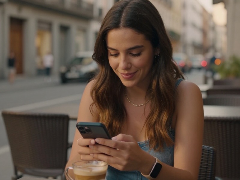 Una pareja joven sonriendo mientras se conoce en una cafetería luminosa durante su primera cita concertada a través de una app de citas.