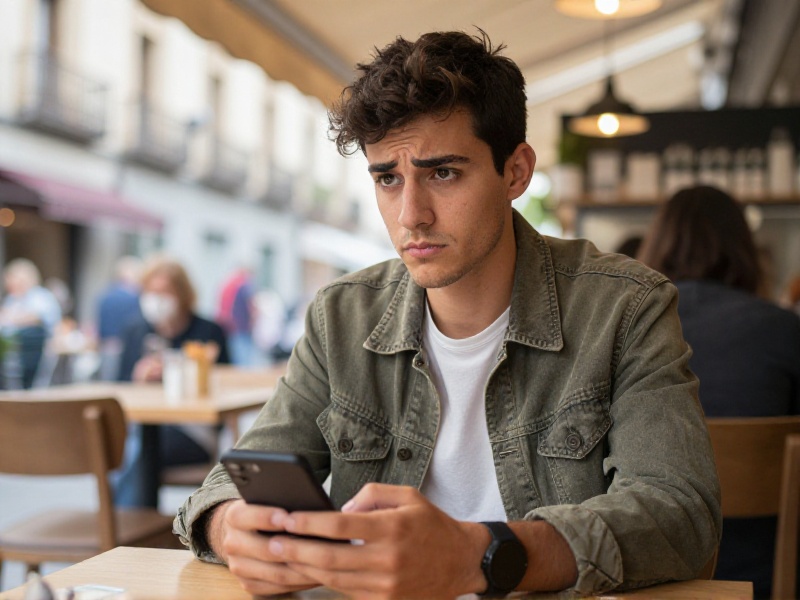 Mujer joven sonriendo mientras revisa una app de citas en su teléfono móvil en una cafetería luminosa