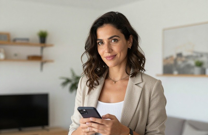Mujer joven española revisando datos y gráficos de citas online en su portátil y teléfono en una cafetería luminosa de Madrid, ambiente realista de oficina