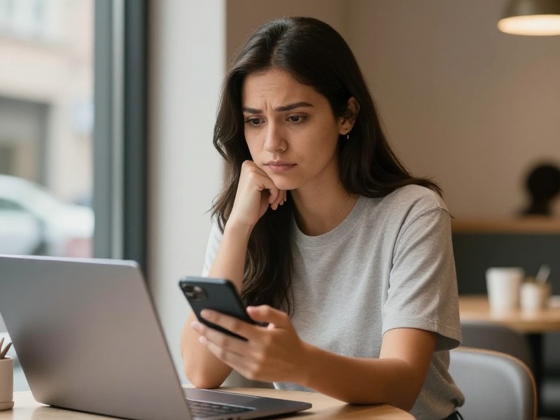 Mujer joven sonriendo mientras revisa una aplicación de citas en su teléfono, sentada junto a una ventana en una cafetería moderna con luz natural suave