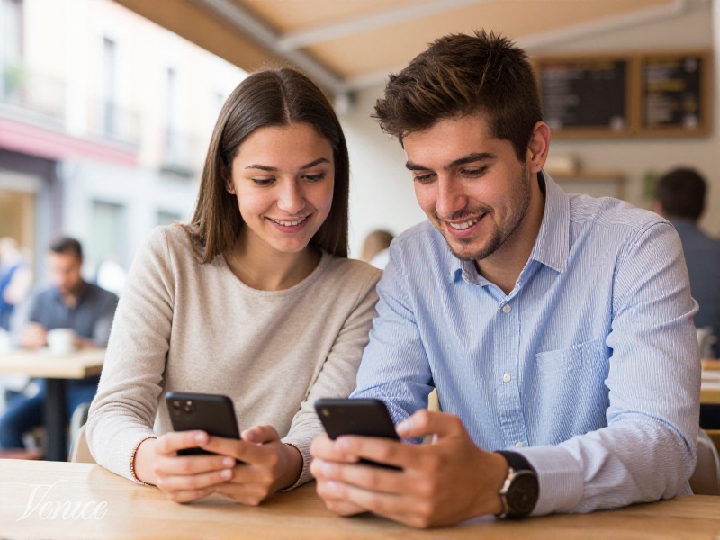 Pareja joven española mirando teléfono en café de Madrid, luz natural cálida, fotorrealista