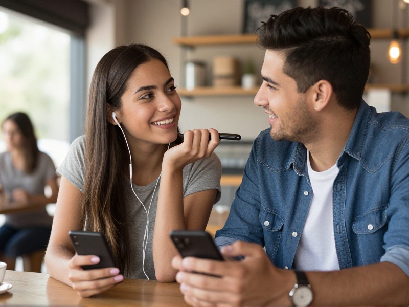 Pareja joven sonriendo en una cafetería luminosa mientras comparan mensajes en sus teléfonos, ella escucha una nota de voz con auriculares y él la mira con complicidad, luz cálida de tarde