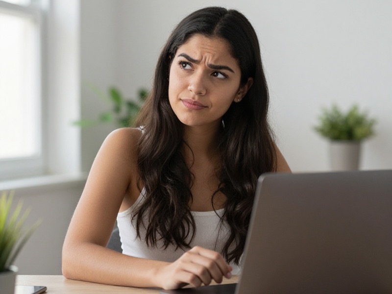 Mujer joven con expresión escéptica y divertida mirando su teléfono móvil mientras toma un café en una terraza soleada, con luz natural y ambiente urbano relajado