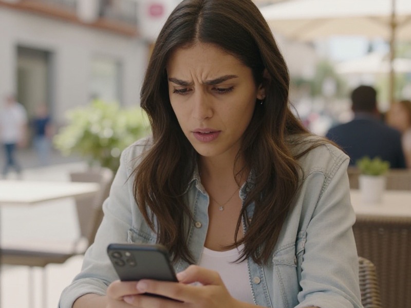Mujer joven mirando el teléfono con expresión pensativa y cautelosa en su casa, un mensaje ambiguo visible en la pantalla, luz cálida y suave, ambiente cotidiano y respetuoso.