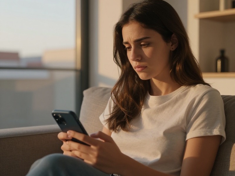 Mujer joven sentada en el sofá de su piso al atardecer, mirando el teléfono con gesto pensativo mientras revisa la lista de personas que han visto su historia.