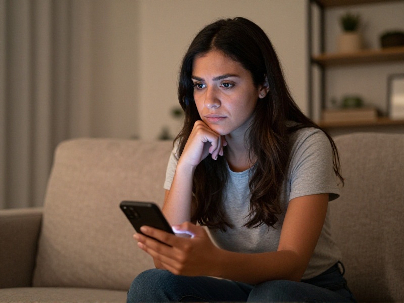 Persona joven mirando el teléfono con expresión pensativa y cautelosa en su casa, mensajes de afecto excesivo visibles en la pantalla, luz suave y cálida, ambiente cotidiano, respetuoso.
