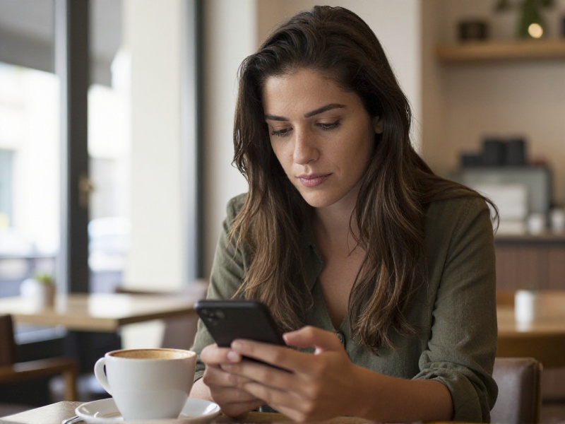 Mujer joven pensativa sentada en el sofá de su casa mirando el teléfono con expresión reflexiva, luz cálida de tarde, transmitiendo dudas sobre una persona que no está lista para comprometerse